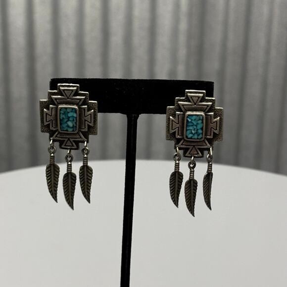 Southwest Turquoise Feather Earrings Tribal Boho Stud Dangles Silver Tone - Picture 1 of 7